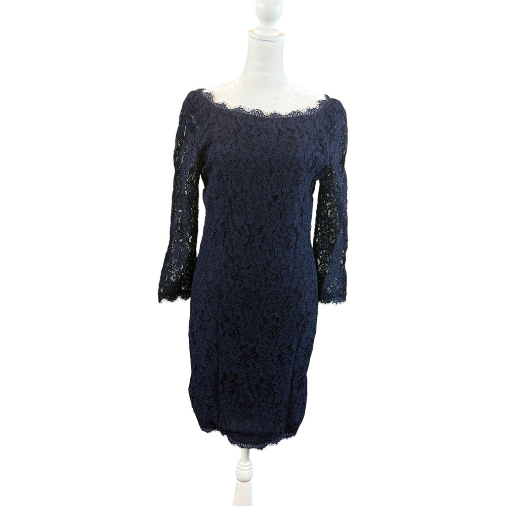 Diane von Furstenberg Zarita Lace Dress Womens 10 Blue Long Sleeve Sheath Party
